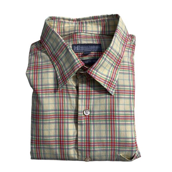 Hickey Freeman Mens Yellow Plaid Cotton Button Up Dress Shirt Sz 16.5 - Picture 6 of 7